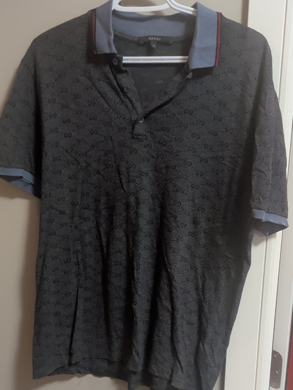 Gucci Black And Gray Polo with Blue And Red Contrast Collar and Sleeve Trim